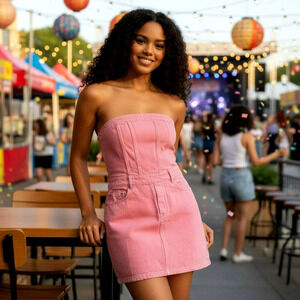 Grey Lab Hot Pink Strapless Denim Mini Dress Size Zipper Barbiecore NWOT, Medium